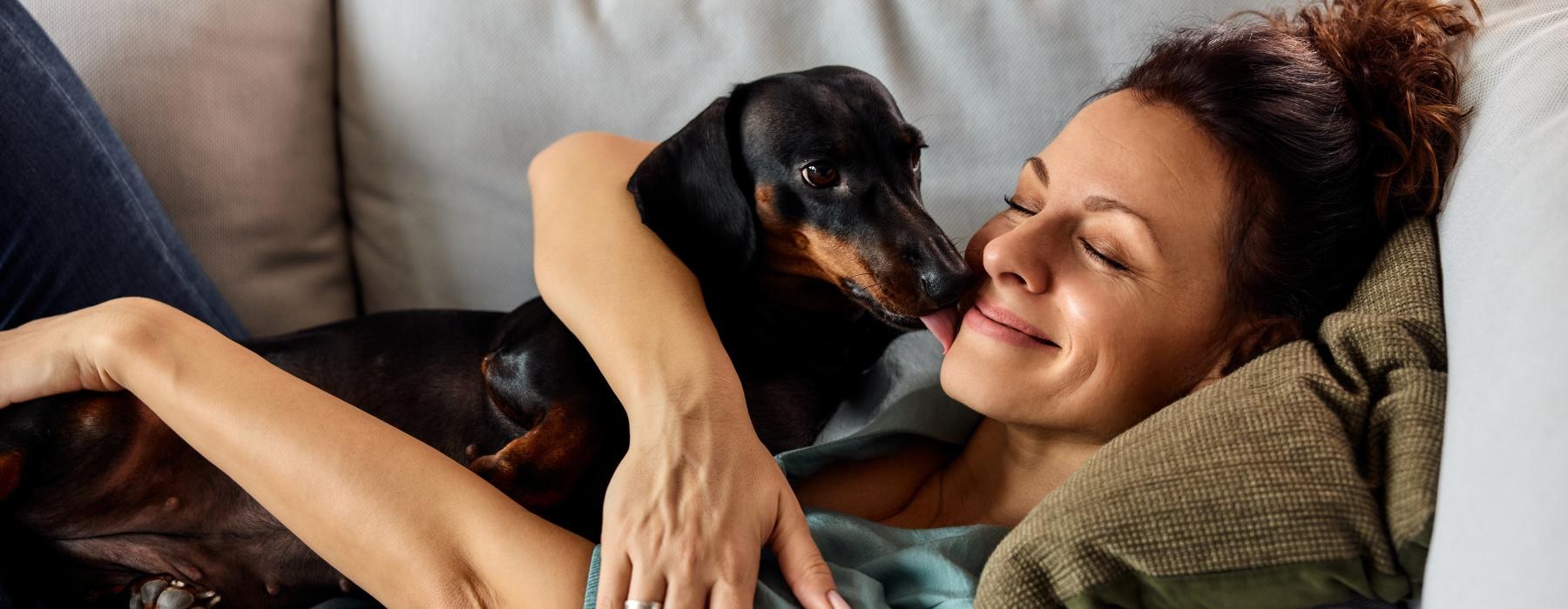 a woman lying on a couch with a dog